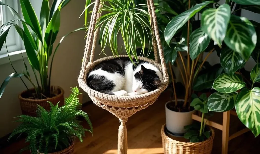 Cat-safe plants including spider plant, Areca palm, and Boston fern in a cozy room with a napping cat, ideal for pet-friendly homes.