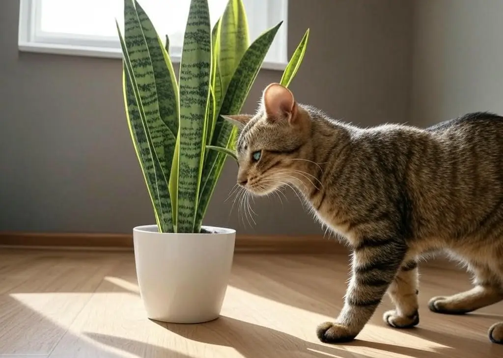 Curious tabby cat sniffing a toxic snake plant.