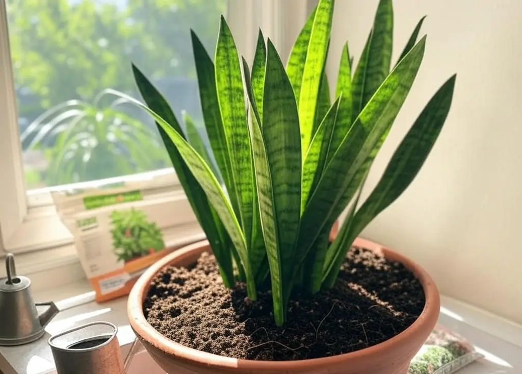 Healthy snake plant with green leaves in a terracotta pot on a sunny windowsill after care fixes.