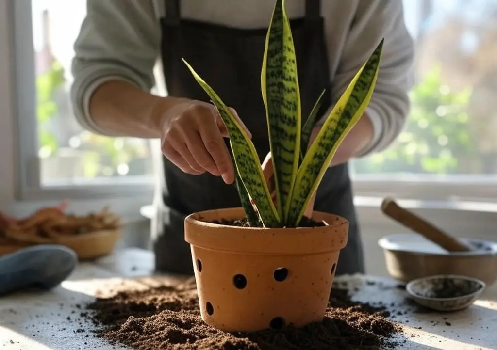 Repotting snake plant in pot with drainage holes.