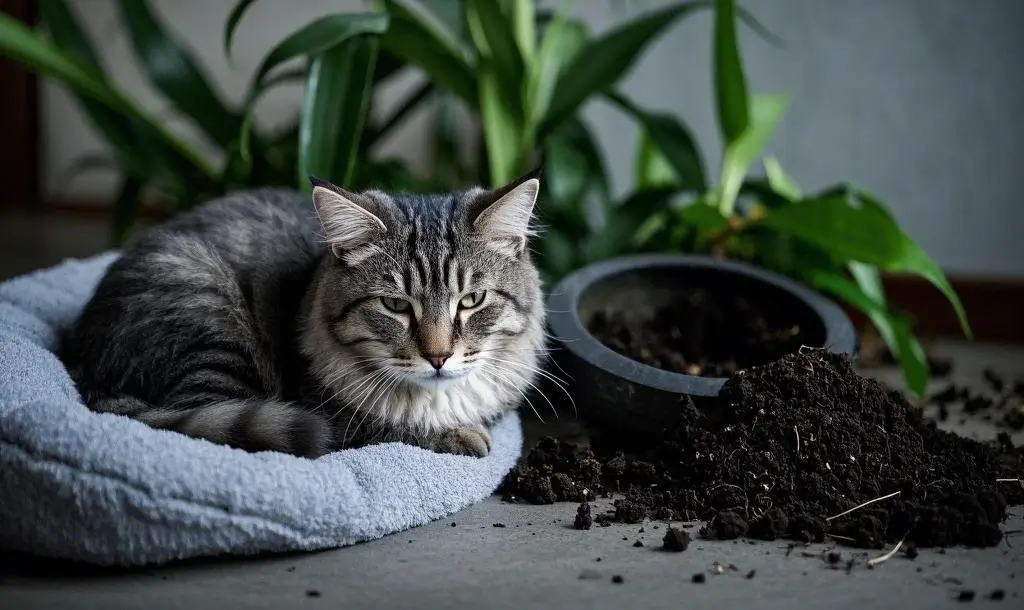 A sick gray cat drooling next to a chewed snake plant, showing the effects of poisoning.
