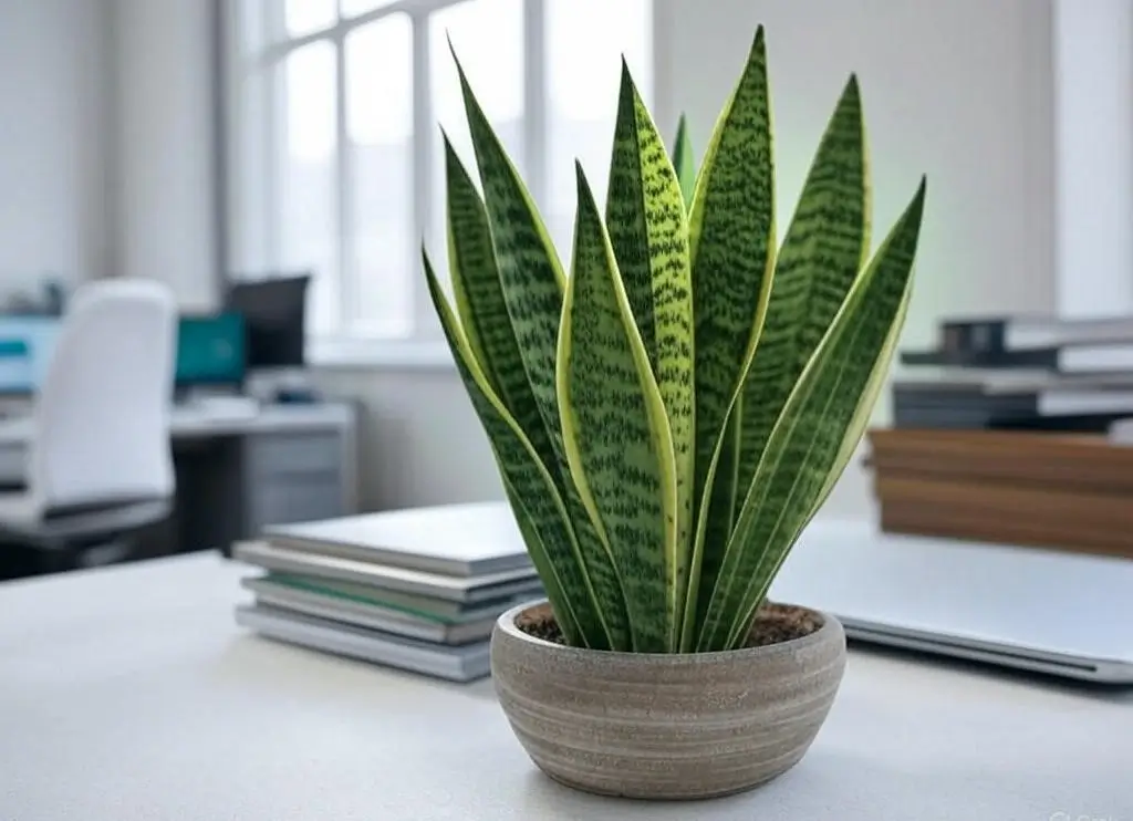 Snake plant on office desk purifying air in modern workspace with natural light.