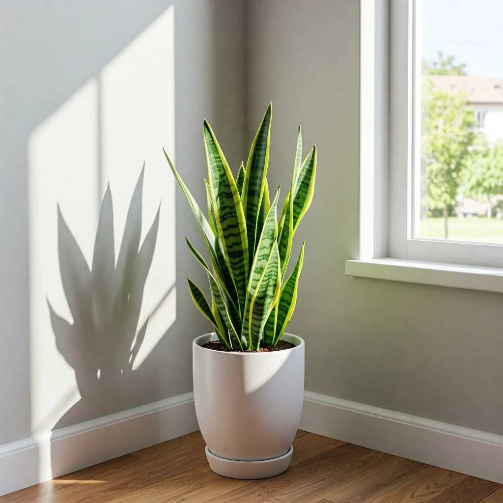 Sansevieria trifasciata snake plant in white pot in small living room corner with natural light.