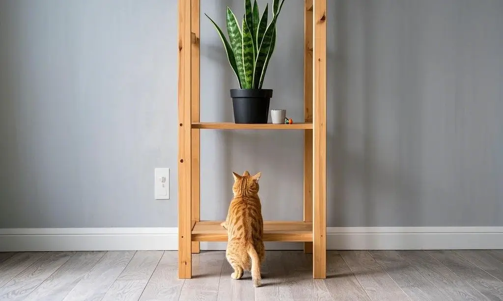 Snake plant on high shelf out of reach of an orange cat, showcasing pet-safe plant placement for cat owners.
