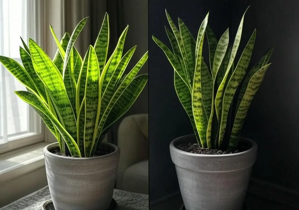 Split image of a snake plant in bright indirect light vs. low light, showing green vs. yellow leaves.