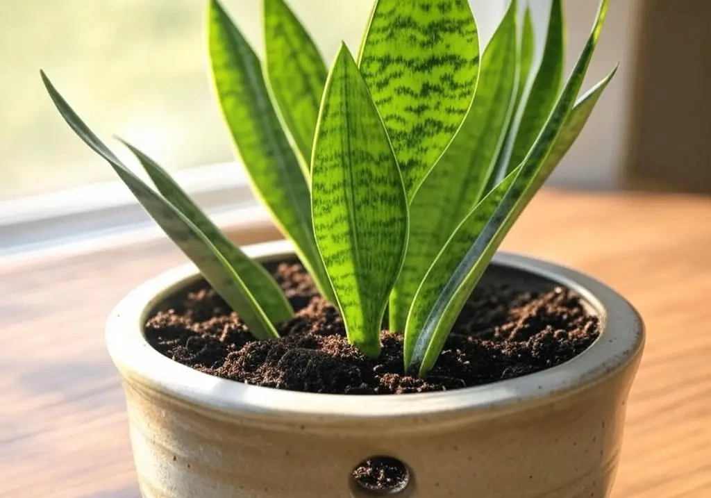 Proper watering of snake plant in well-draining soil.