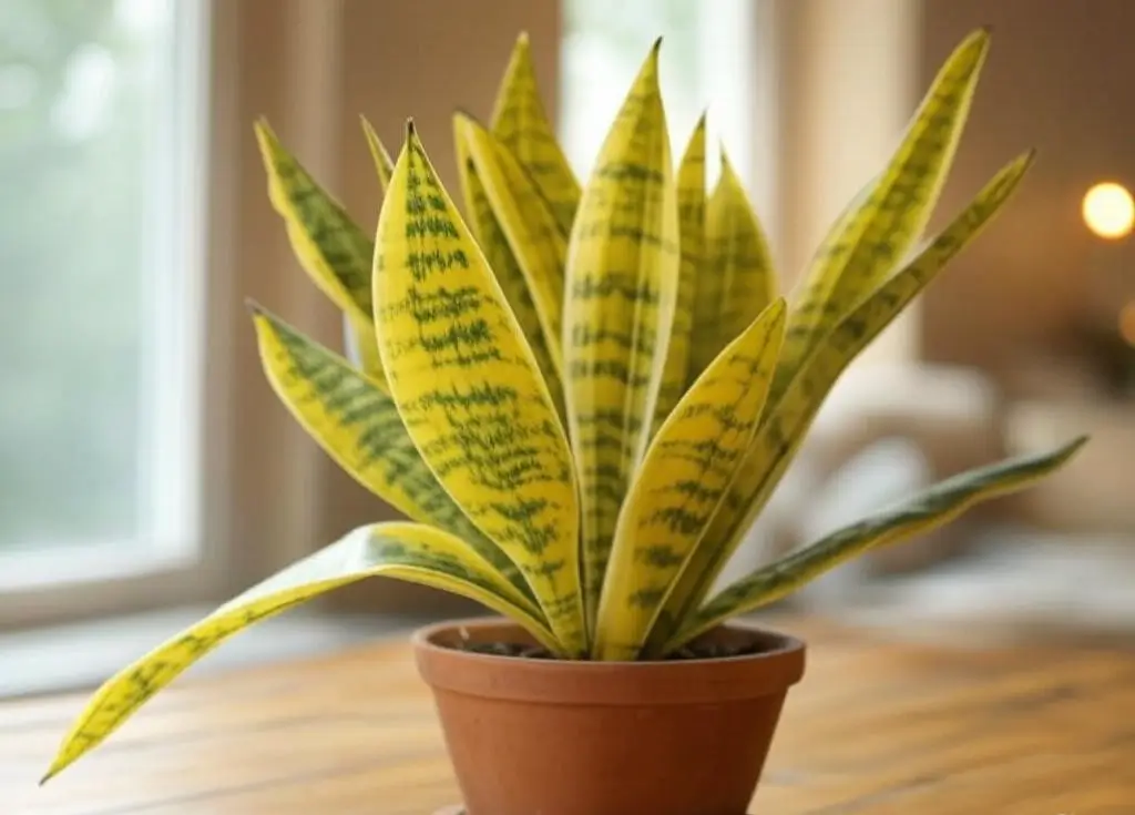 Yellowing snake plant leaves indicating overwatering or nutrient deficiency.