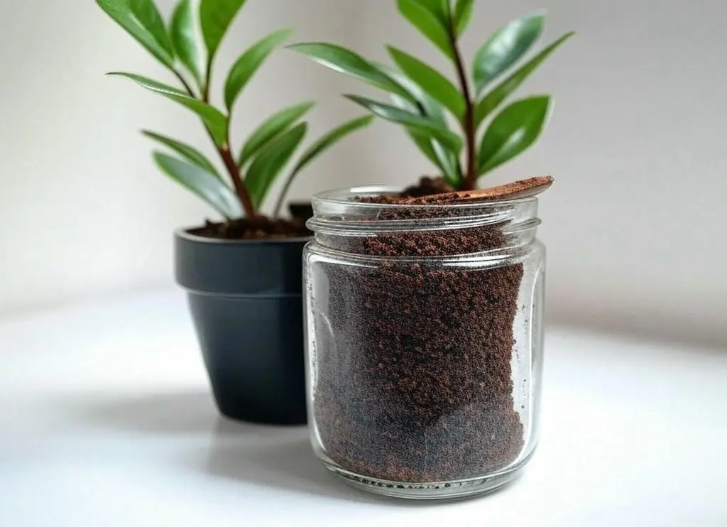 Used coffee grounds jar next to ZZ plant for natural fertilization.
