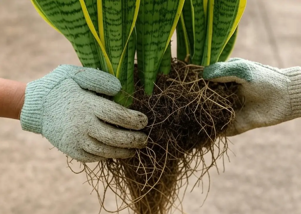 Dividing a snake plant by cutting between clusters with roots and leaves, demonstrating propagation by division step-by-step.