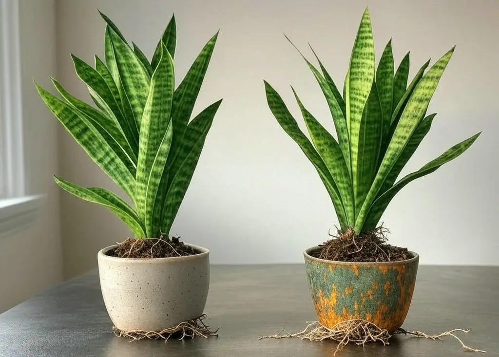Two snake plants in pots, one healthy with roots contained, one root-bound with roots emerging from the bottom.