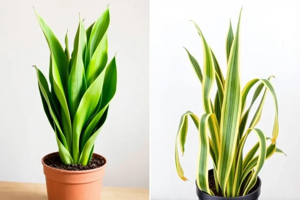 Comparison of healthy snake plant vs nutrient-deficient snake plant with yellow leaves for fertilization guide.
