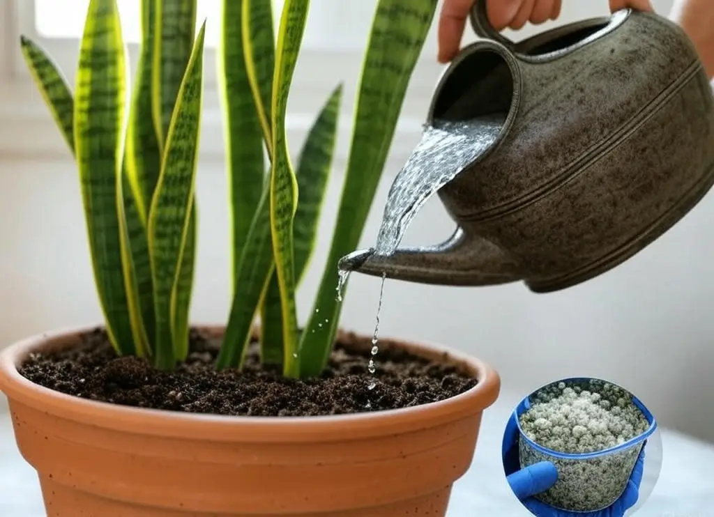 Applying diluted liquid fertilizer to snake plant soil with close-up of fertilizer mixing.