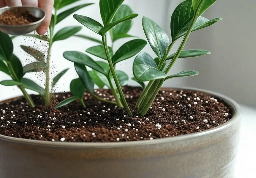 Applying coffee grounds to ZZ plant soil with a tablespoon, demonstrating proper ZZ plant care and fertilization.