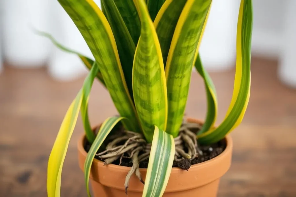 Snake plant leaves falling over from overwatering with yellow foliage and root rot in terracotta pot.
