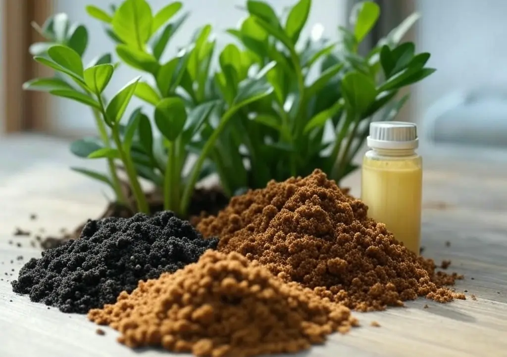 Worm castings, compost, and fish emulsion as organic fertilizers for ZZ plant care, next to a healthy ZZ plant.
