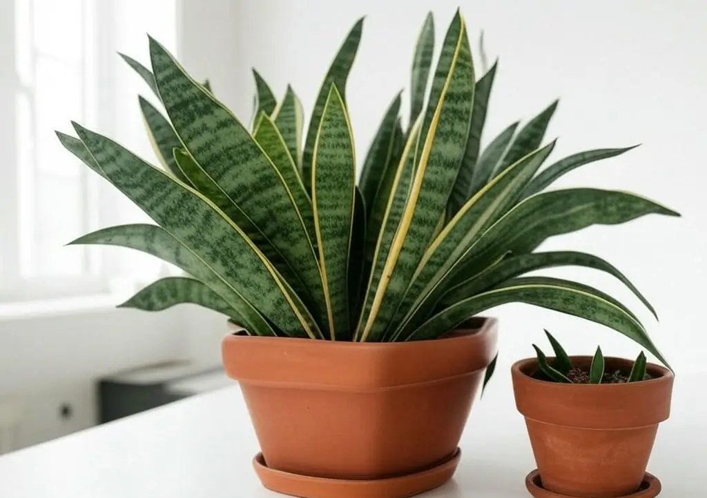 Healthy Sansevieria snake plant in terracotta pot with divided section for propagation.