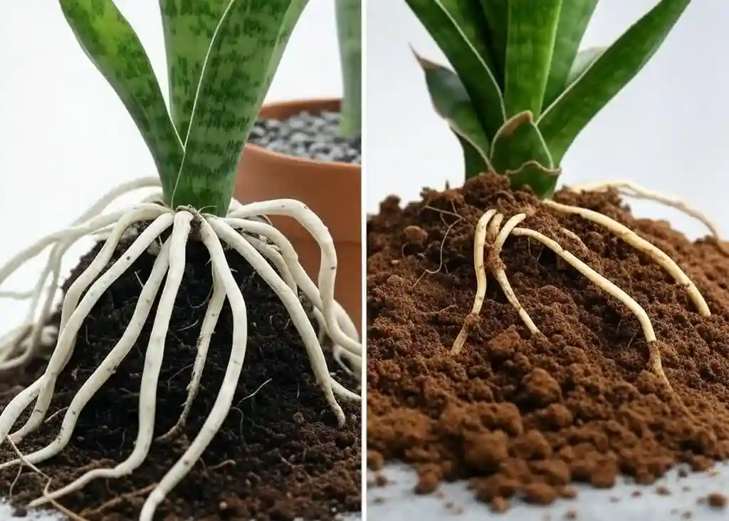 Comparison of healthy Sansevieria roots vs root rot with drainage fix.