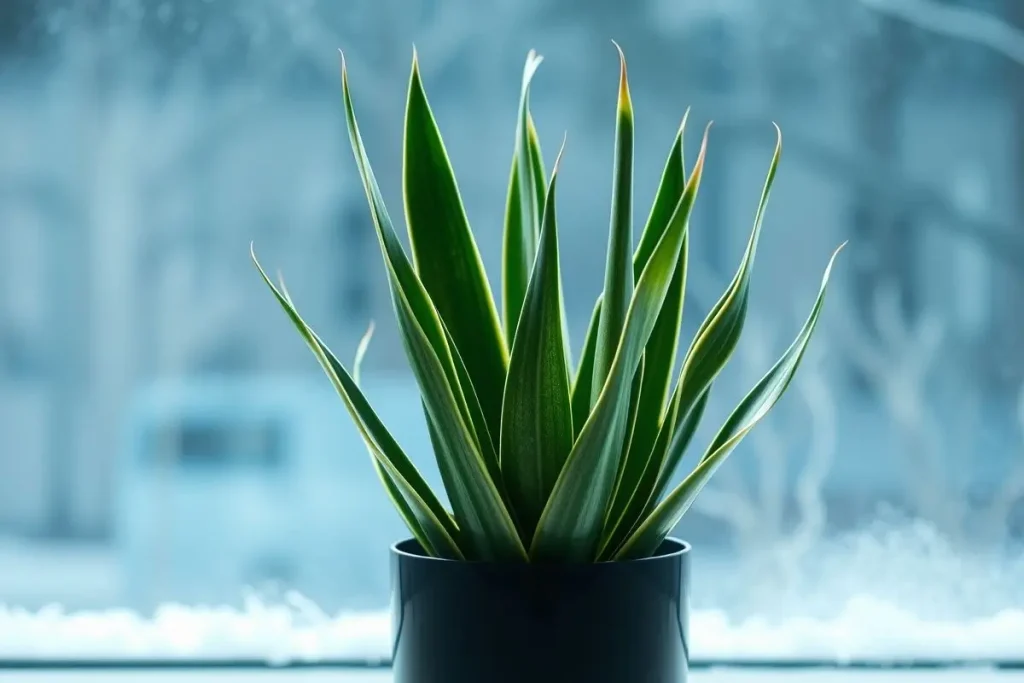 Snake plant (Sansevieria trifasciata) in black pot with cold tolerance at 50°F.