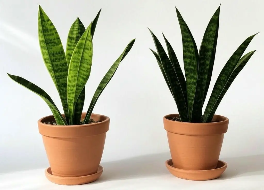 Cold-tolerant snake plant varieties Sansevieria trifasciata and Black Gold in pots.