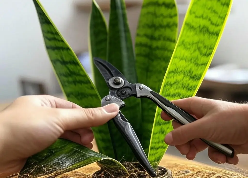 A healthy snake plant leaf with pruning shears for water propagation.