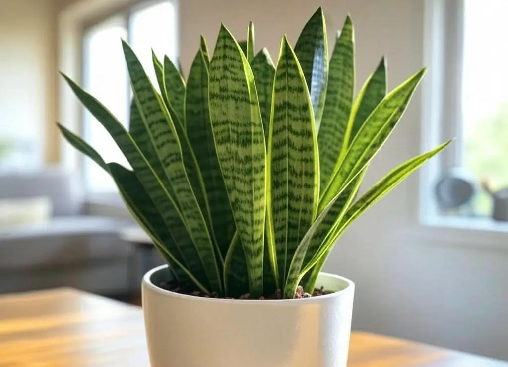 Healthy snake plant in white pot with green leaves in bright living room, showcasing snake plant care and fertilization.