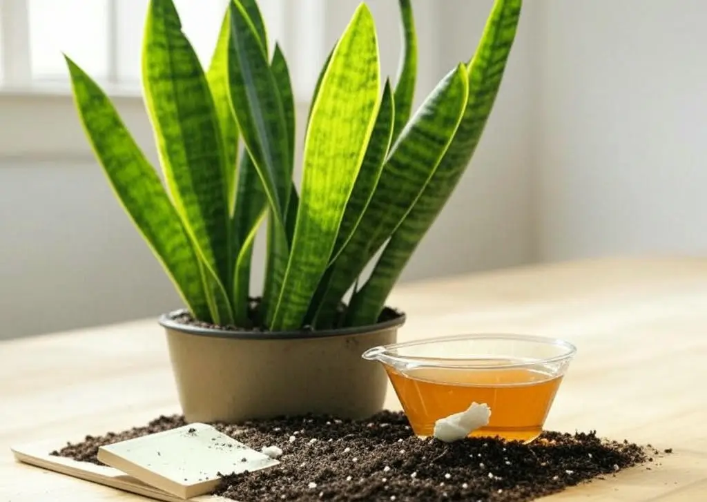 Snake plant gnat treatment with apple cider vinegar trap, sticky trap, and diatomaceous earth on soil for pest control on Sansevieria.