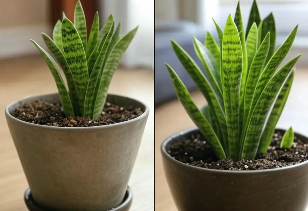 Before and after of a snake plant growing from 2 to 5 inches after repotting.