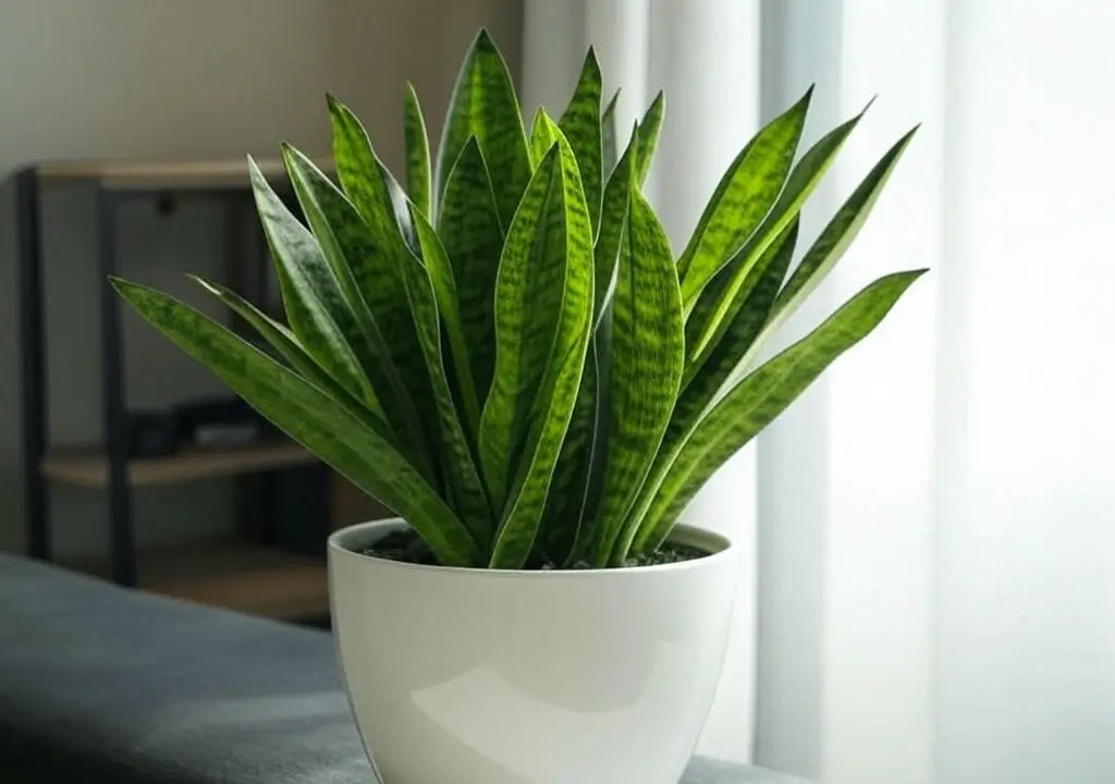 6-inch snake plant in a white pot by a window with bright indirect light.