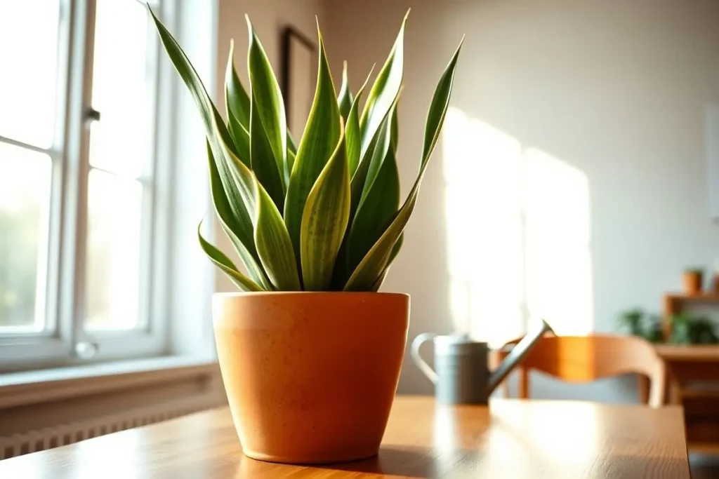 Healthy snake plant with upright leaves in a terracotta pot near a sunny window.