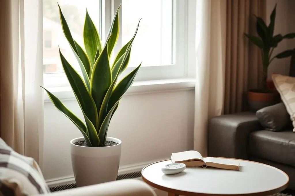Indoor snake plant placement in winter near window with Sansevieria trifasciata in white pot.