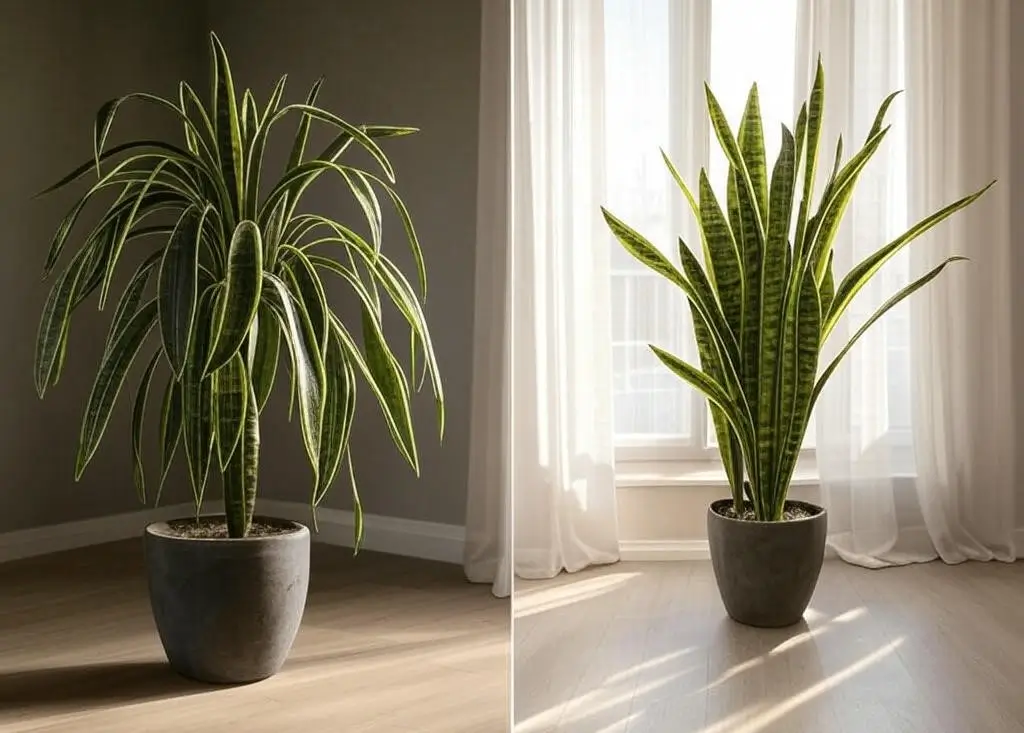 Snake plant drooping in low light vs. thriving in bright indirect light near a window, illustrating proper lighting needs.