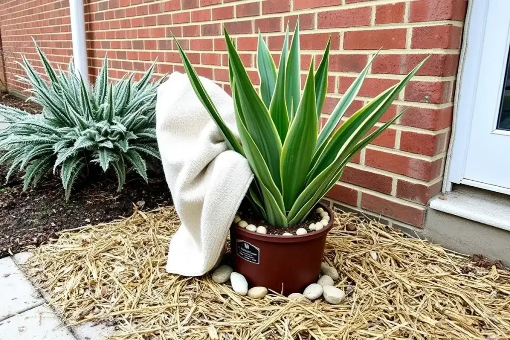 Winterizing outdoor snake plant with frost blanket and mulch on Sansevieria trifasciata near wall.
