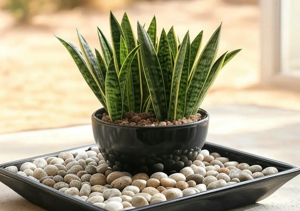 Snake plant on a pebble tray with water for humidity in arid climate care.
