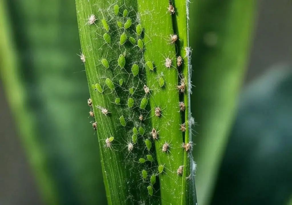 Snake plant leaf infested with spider mites, aphids, mealybugs, and scale insects, showcasing pest damage on Sansevieria.