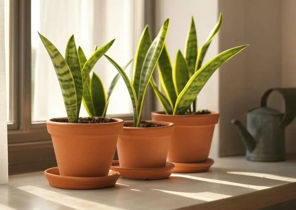 Three propagated snake plants in terracotta pots on a windowsill with indirect light, showcasing post-propagation care tips.