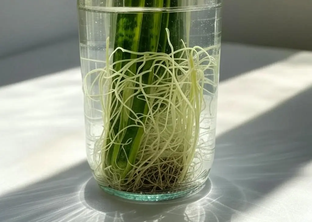 Snake plant cutting with small roots growing in water during propagation.