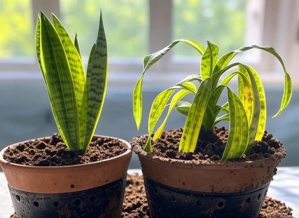 Snake plant in well-draining soil with upright leaves vs. drooping in poor soil.