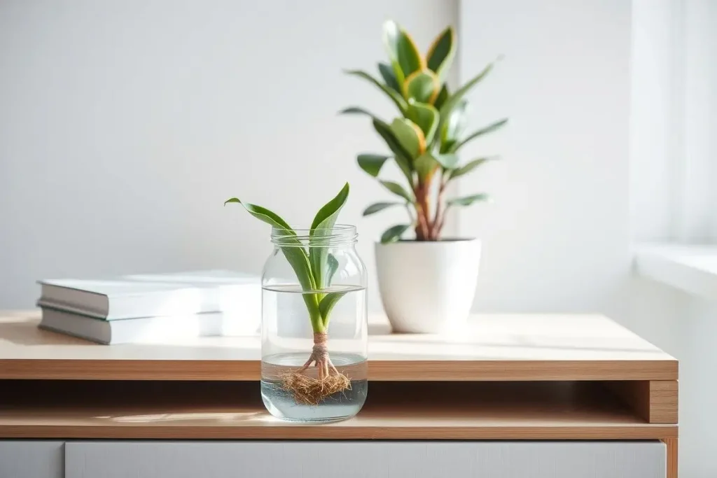 Snake plant cutting in a glass jar with roots growing in water on a wooden shelf, showcasing water propagation benefits.