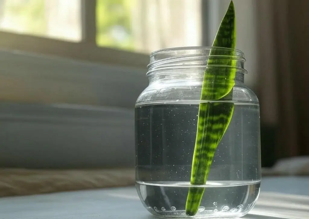 Snake plant leaf cutting submerged in a glass jar of water for propagation on a windowsill.