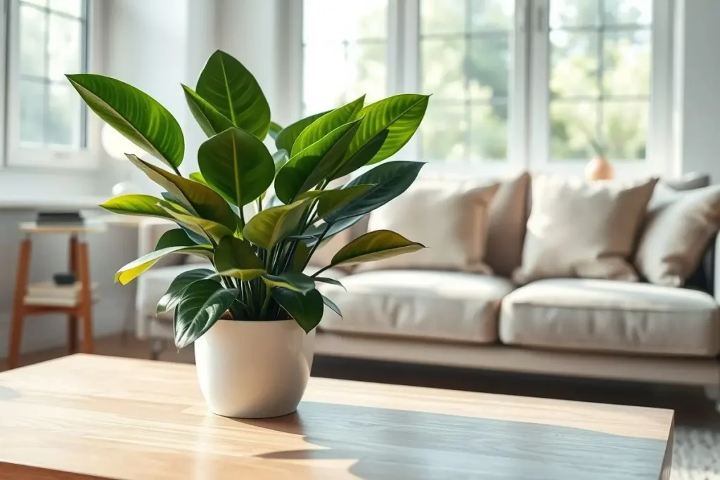 ZZ Plant in modern living room with glossy dark green leaves, white ceramic pot, and cozy decor - Zamioculcas zamiifolia benefits.