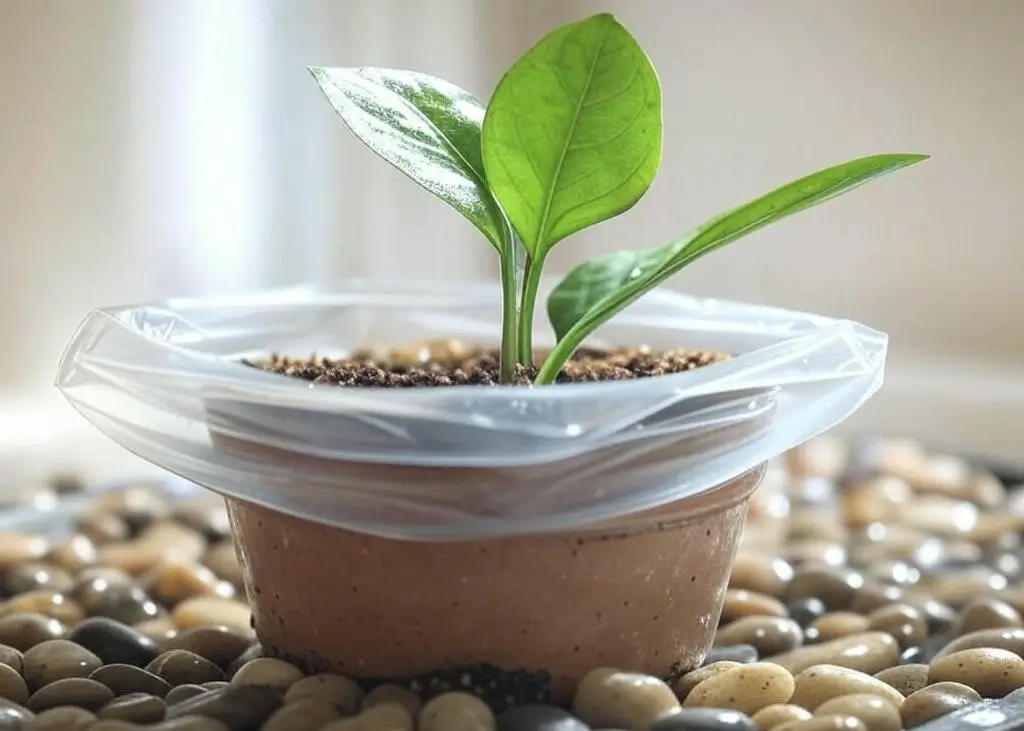 ZZ plant cutting in a pot with a plastic bag and wet pebbles to prevent drying out, set in bright indirect light.