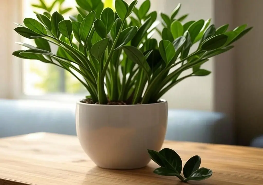 Healthy ZZ plant (Zamioculcas zamiifolia) with glossy leaves and a single leaf for propagation on a wooden table.