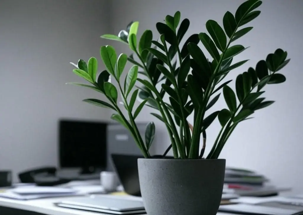 ZZ Plant thriving in low-light office on desk with laptop - Zamioculcas zamiifolia ZZ plant low-maintenance benefits.