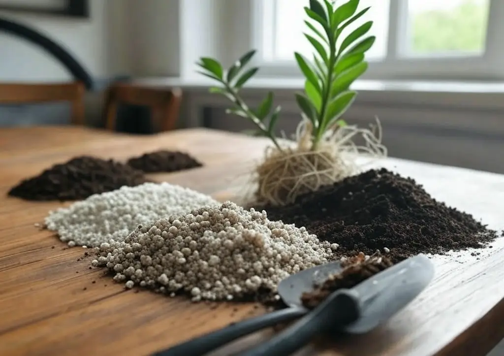 Best soil mix for ZZ plant propagation with potting soil, perlite, and orchid bark, ready for planting in a pot.