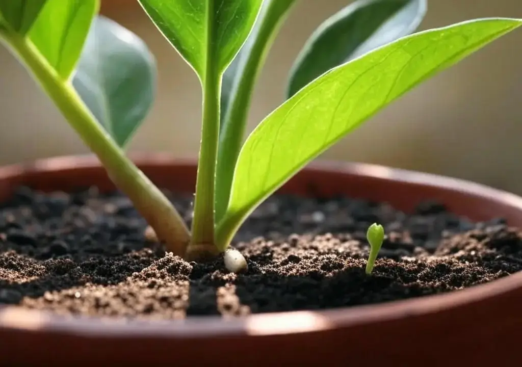 Successful ZZ plant leaf propagation with rhizome and new shoot in pot.