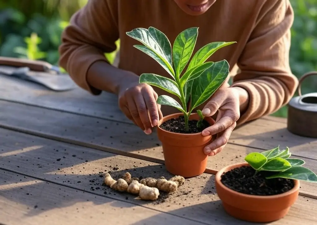 Propagating a ZZ Plant with rhizomes in a terracotta pot for sustainable indoor gardening.