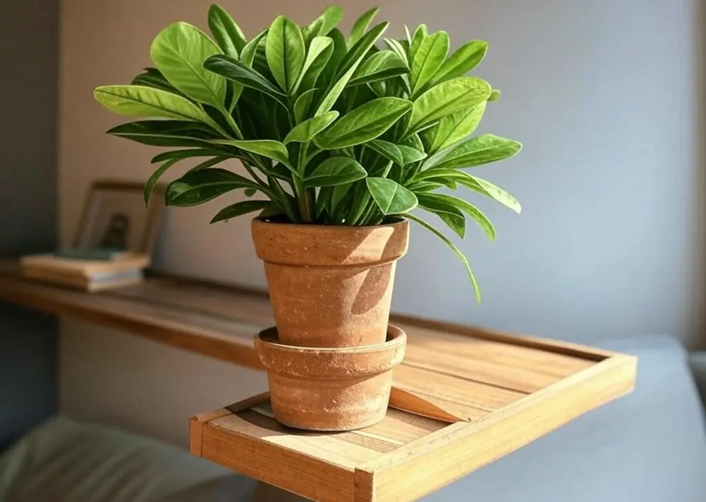 ZZ Plant in small apartment corner with terracotta pot - Zamioculcas zamiifolia compact size and Feng Shui benefits.