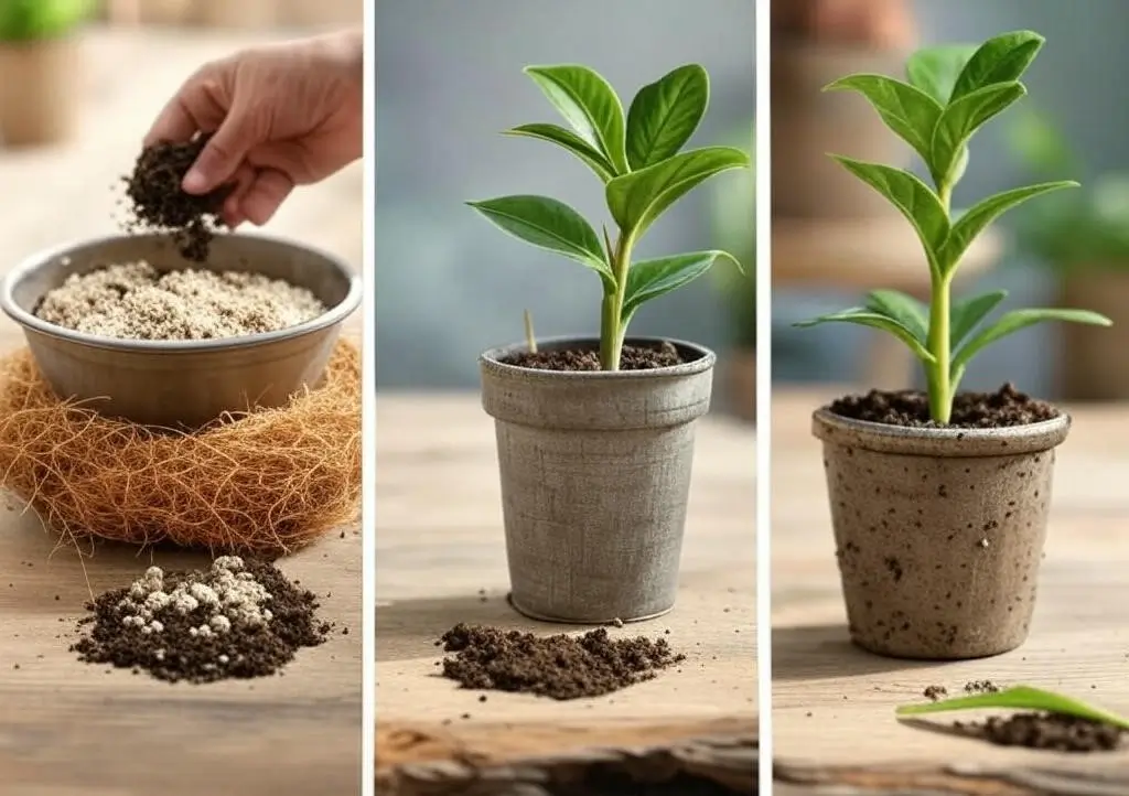 ZZ plant leaf propagation in soil with rhizome and new shoot growth.