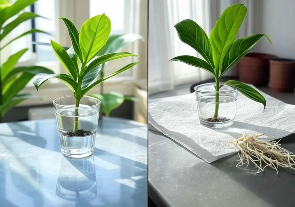 Step-by-step ZZ plant leaf propagation in water with roots and rhizome.