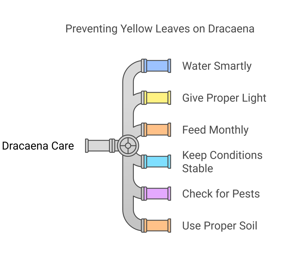 Infographic showing key steps for preventing yellow leaves on Dracaena plants.